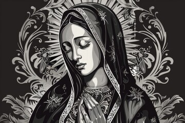 A colorful illustration of Virgin Mary with halo and stars, creating a spiritual vibe