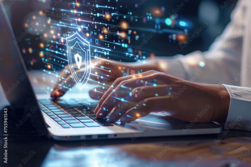 Poster cyber security concept with person using laptop