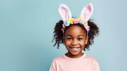Obraz na płótnie Canvas black girl with bunny ears smiling on studio background