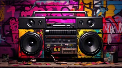 Fototapeta premium Boombox radio cassette tape recorder and graffiti wall art