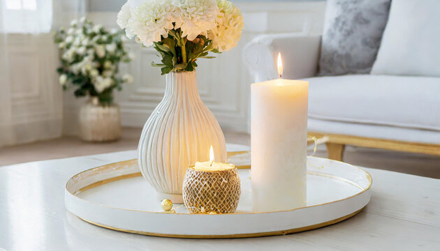 Candles on a wooden table, Minimalism, Luxurious white tray decoration, home interior decor with burning aroma candle with white dry flower