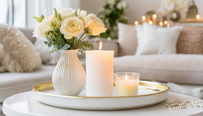 Candles on a wooden table, Minimalism, Luxurious white tray decoration, home interior decor with burning aroma candle with white dry flower