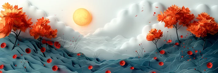 Deurstickers Banner design: Serene landscape with glowing sun and vivid flowers, for peaceful web banner © TEERAPONG