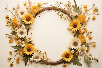 A wreath composed of vibrant sunflowers and various other flowers, creating a colorful and cheerful floral decoration.