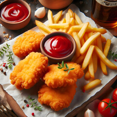 Fried crispy chicken nuggets with french fries and ketchup.