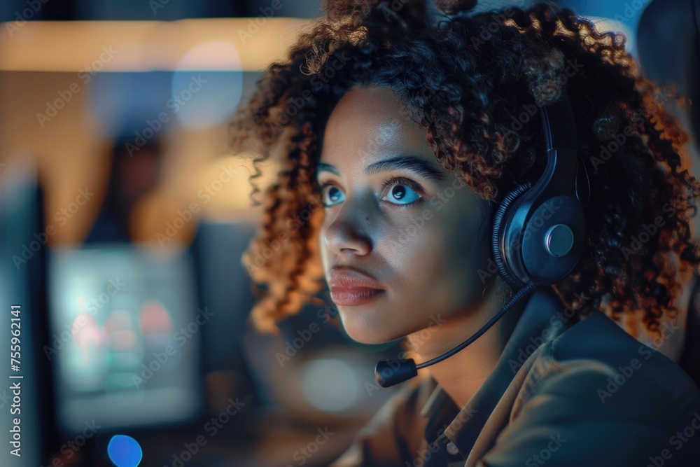 Poster a woman wearing a headset working at a computer. suitable for business and technology concepts.