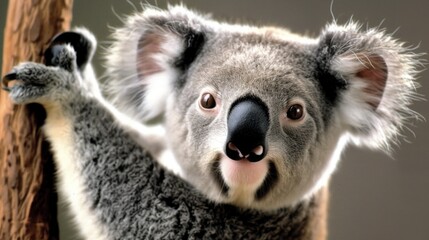 a close up of a koala on a tree with its arms in the air and it's eyes wide open.