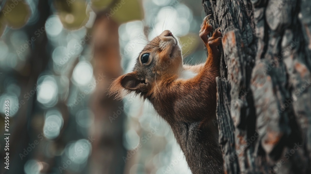 Poster a squirrel climbing up the side of a tree. suitable for nature and wildlife themes.