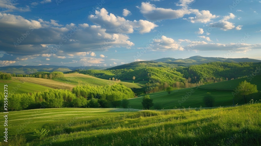 Poster a view of a lush green hillside with a few trees. suitable for nature and landscape concepts.