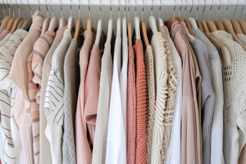 A wardrobe full of stylish clothing hangs on clothing rack hangers AI Generative