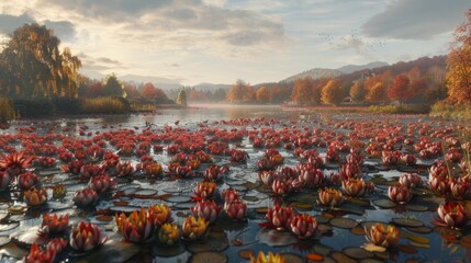 Naklejka premium a lake filled with lots of water lilies floating on top of a lush green forest filled with lots of trees.