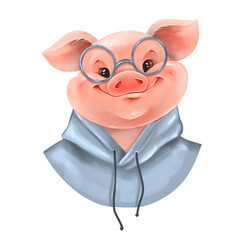 Cute pig in glasses and hoody. Piglet illustration. - 755962339