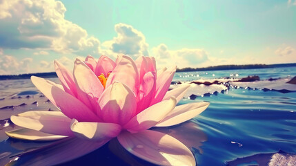 a pink flower sitting on top of a body of water next to a body of water with clouds in the background. - obrazy, fototapety, plakaty