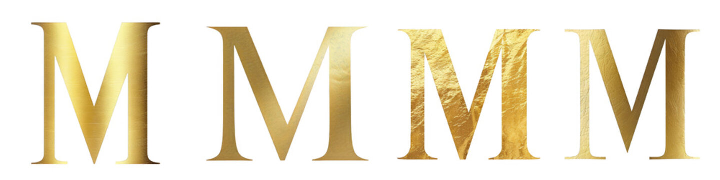 Gleaming Gold color lettering, alphabet, logotype, letter M isolated on a transparent background