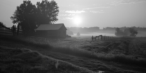 A black and white photo of a barn in a field. Suitable for rural and agricultural themes.