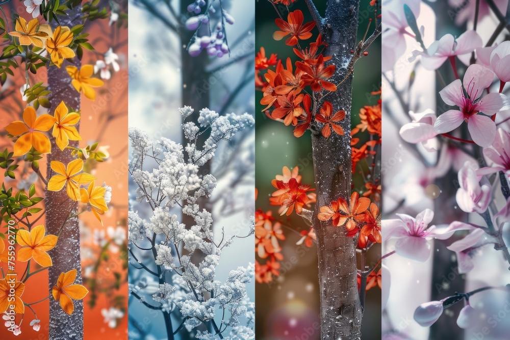 Poster A series of four images featuring different types of flowers. Perfect for botanical projects.