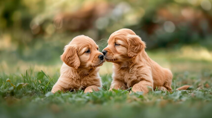 two golden retriever puppies playing in a garden