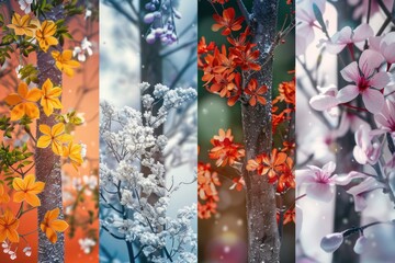 A series of four images featuring different types of flowers. Perfect for botanical projects.