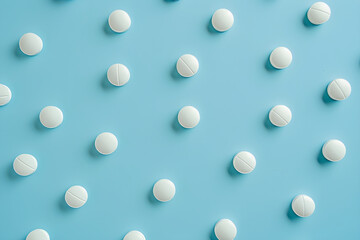 White pill on a blue background. Banner template for advertising vitamins, medicines, healthy lifestyle, microelements 