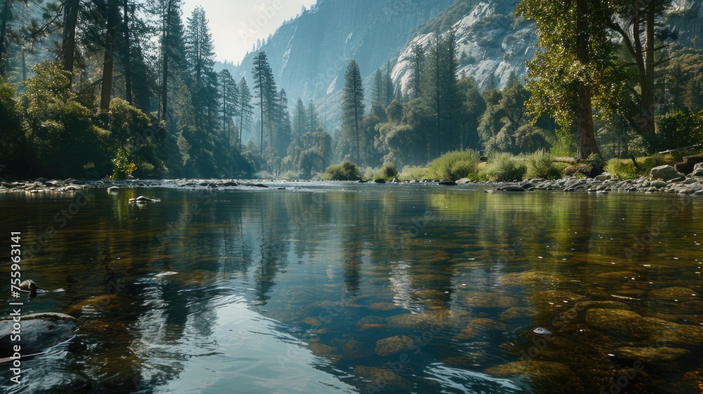 Poster Scenic view of a river with rocks and trees in the background. Suitable for nature and landscape themes.