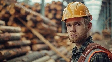 A man wearing a hard hat standing in front of a pile of logs. Suitable for construction and forestry industry concepts.