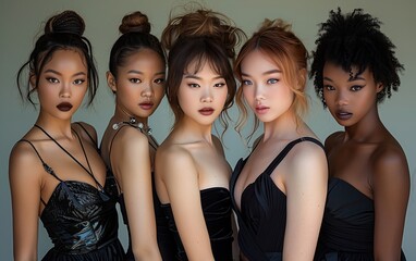 cinque giovani modelle di diversa etnia vestite con abiti neri ed eleganti - obrazy, fototapety, plakaty