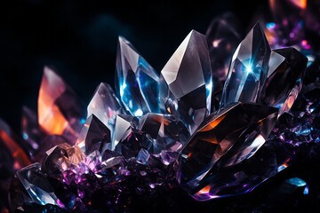 A black background with glowing crystals - obrazy, fototapety, plakaty