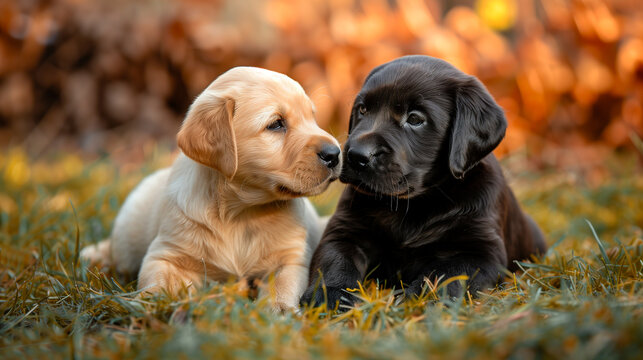 two labrador puppies playing in a garden
