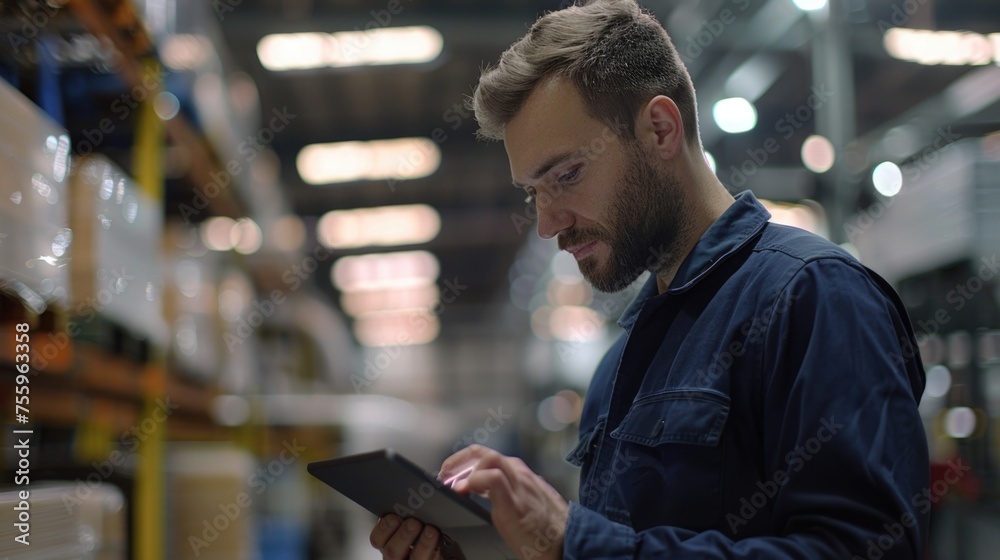 Poster a man in a warehouse looking at a tablet. suitable for technology or inventory management concepts.