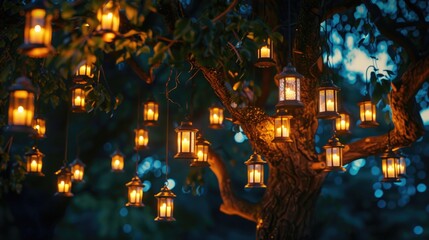 A tree adorned with hanging lanterns, perfect for adding a touch of magic to any design project.