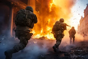 Foto op Plexiglas Group of soldiers in military uniforms running in front of a large fire. © Svyatoslav Lypynskyy