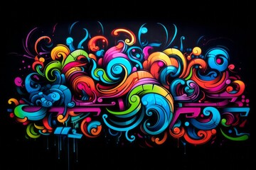 A black background with neon graffiti