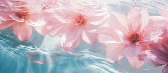 A beautiful display of pink flowers, floating gracefully in the water. The vibrant hues of magenta petals create a stunning pattern, resembling an art piece