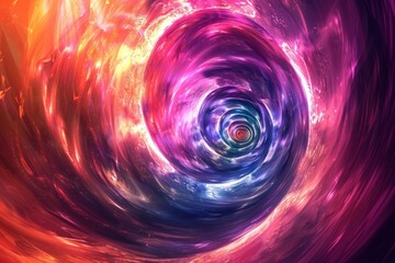 A colorful spiral galaxy. The spiral is filled with a variety of colors, including red, blue, and purple. The galaxy appears to be in motion, with stars