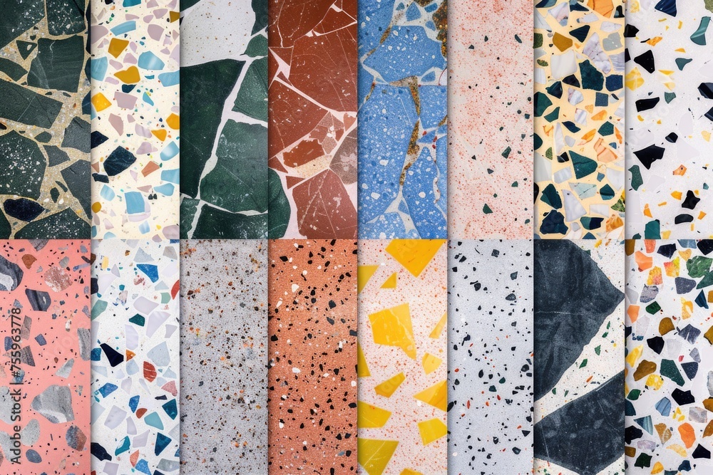 Poster a variety of different colored tiles displayed on a wall. perfect for interior design projects.