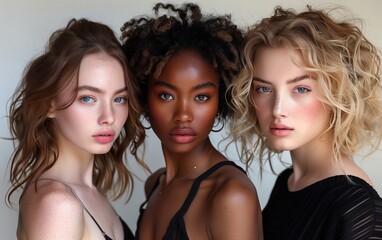 tre giovani modelle di diversa etnia vestite con abiti semplici neri