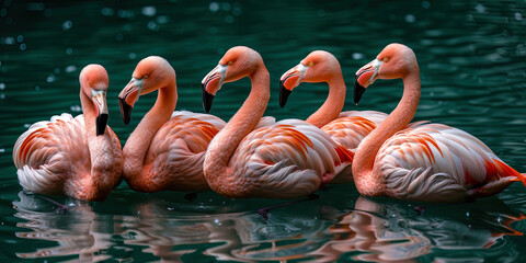 Obraz premium Pink flamingos group floats on water