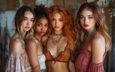 quattro giovani modelle di diversa etnia vestite con abiti leggeri di lino dai colori caldi
