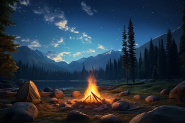 A campfire under a starry night sky in the wilderness, evoking a sense of wanderlust - obrazy, fototapety, plakaty