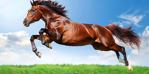 A brown horse is mid-air, leaping energetically - obrazy, fototapety, plakaty