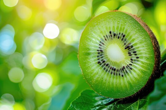 A ripe kiwi fruit rests delicately on a lush green leaf, showcasing its vibrant colors and unique texture against the backdrop of a lush forest