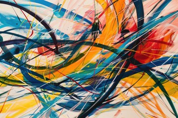 Vibrant and dynamic colored lines intertwine and dance chaotically across a canvas, creating an abstract composition that exudes energy and movement