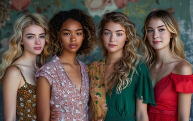 quattro giovani modelle di diversa etnia vestite con abiti leggeri e primaverili