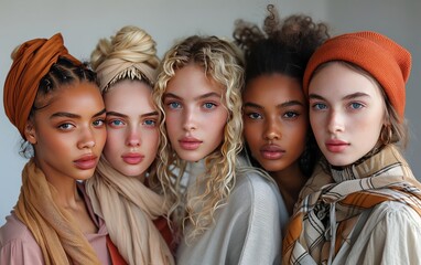 cinque giovani modelle di diversa etnia vestite con tessuti dai colori tenui e invernali