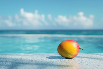 A ripe, vibrant apple rests peacefully near the edge of a glistening pool under the clear blue sky,...