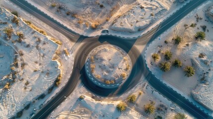 Aerial view of a snowy road. Perfect for winter travel concepts.