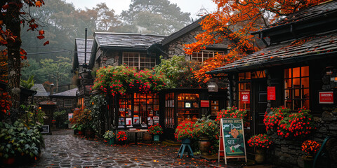 Cobblestone street lined with flowers and a visible sign