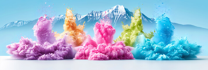 Fototapeta na wymiar Group of vibrant powdered objects set against mountain backdrop