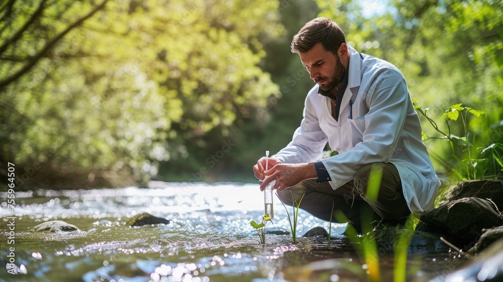 Wall mural A man, wearing a lab coat, collects water from a river, amidst a beautiful natural landscape with happy people, trees, grass, and a serene lake. AIG41