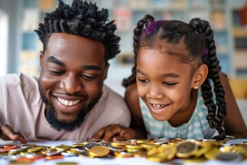 A man and a little girl are curiously looking at a pile of shiny coins, with expressions of wonder and excitement on their faces